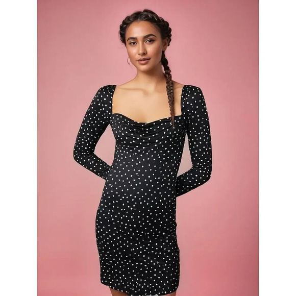 PrettyLittleThing Women's Size 8 Black Polka Dot Bodycon Long Sleeve Midi‎ Dress - Picture 1 of 6